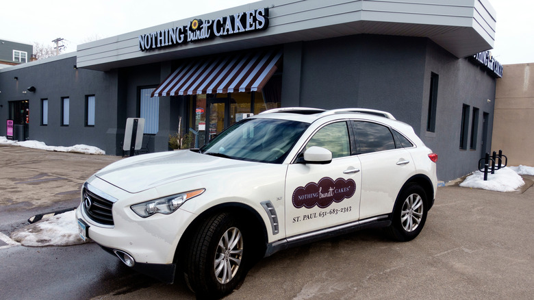 Nothing Bundt Cakes shop vehicle parked in front of a store