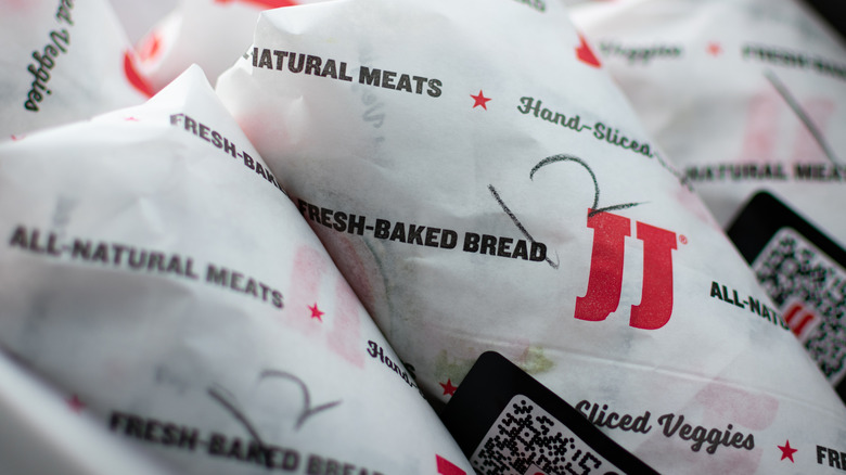 Close up of wrapped Jimmy John's sandwiches