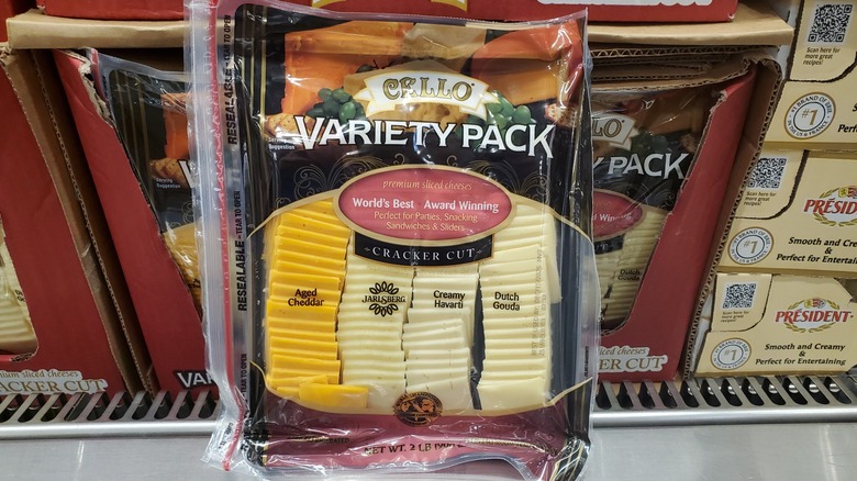 A Cello premium sliced cheeses variety pack in the fridge at Costco