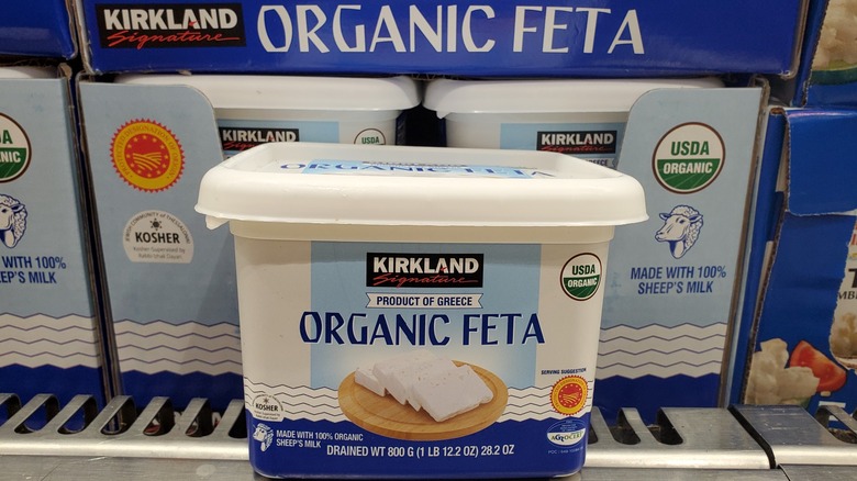 A tub of Kirkland Signature organic feta