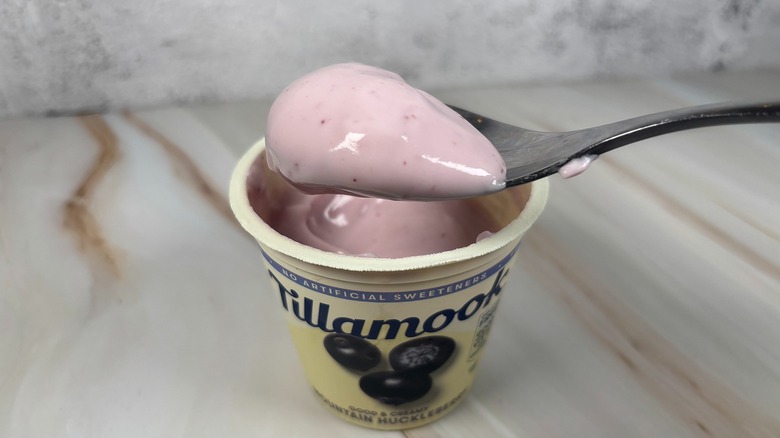 Spoonful of Tillamook Mountain Huckleberry yogurt held over container of yogurt