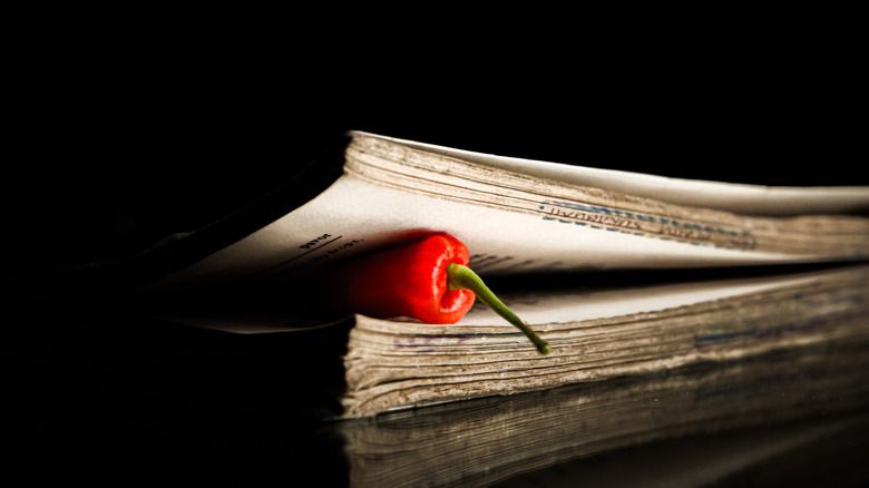 Close-up of a vintage cookbook against a black background, with a chile pepper inserted between the pages