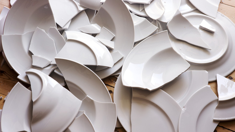 A pile of white plates broken into pieces on the floor.