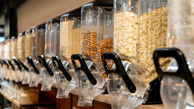 Bulk bins filled with food in a grocery store
