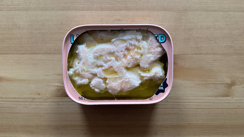 Can of Trader Joe's Lightly Smoked Salmon on wooden table