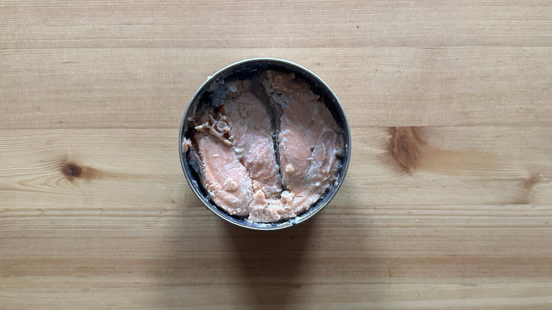 Can of Trader Joe's Sockeye Salmon on wooden table