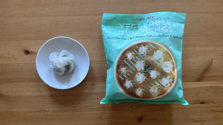 Trader Joe's Vegetable Dumplings on wooden table