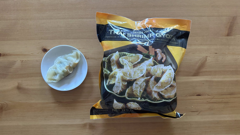 Trader Joe's Thai Shrimp Gyoza on wooden table
