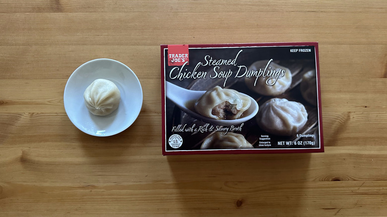 Trader Joe's Steamed Chicken Soup Dumplings on wooden table