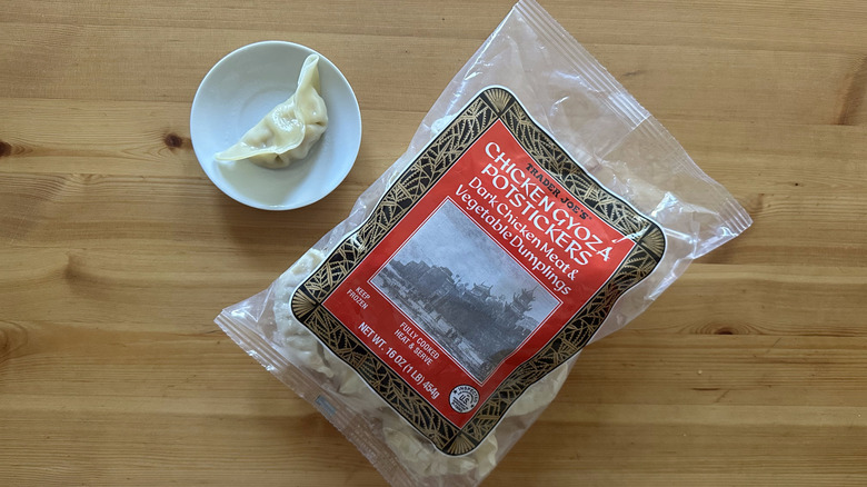 Trader Joe's Chicken Gyoza Potstickers on wooden table