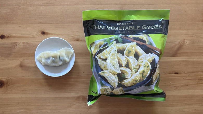 Trader Joe's Thai Vegetable Gyoza on wooden table