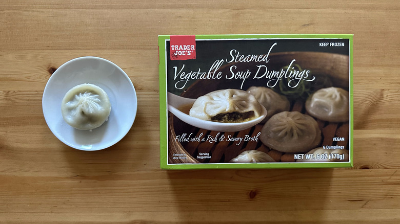 Trader Joe's Steamed Vegetable Soup Dumplings on wooden table