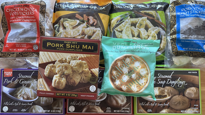 Trader Joe's frozen dumpling packages on table