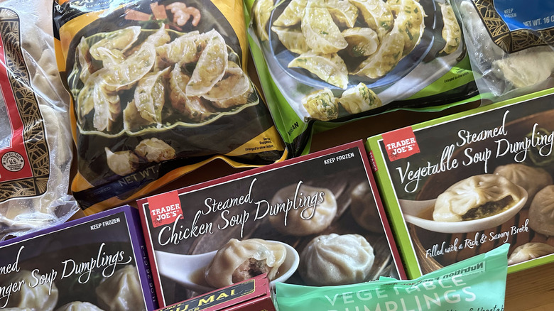 Trader Joe's frozen dumpling packages on table