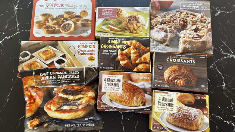 Various Trader Joe's frozen pastry boxes on countertop