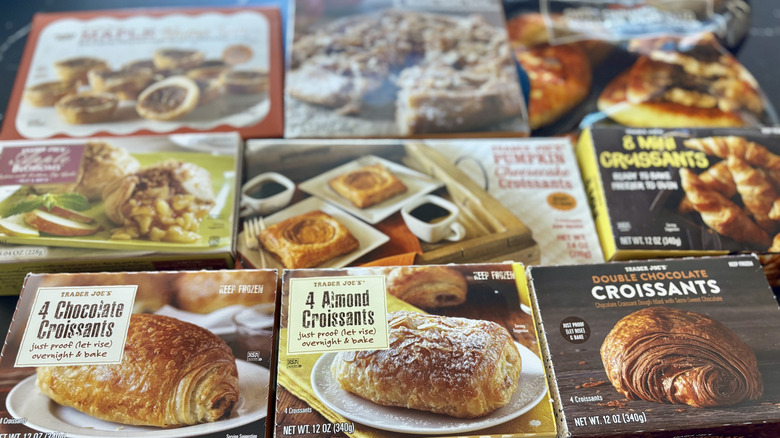 Various Trader Joe's frozen pastry boxes on countertop