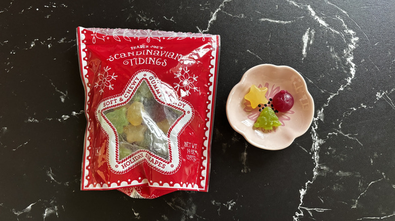 Trader Joe's Scandinavian tidings gummy candy bag next to gummy candies in small bowl
