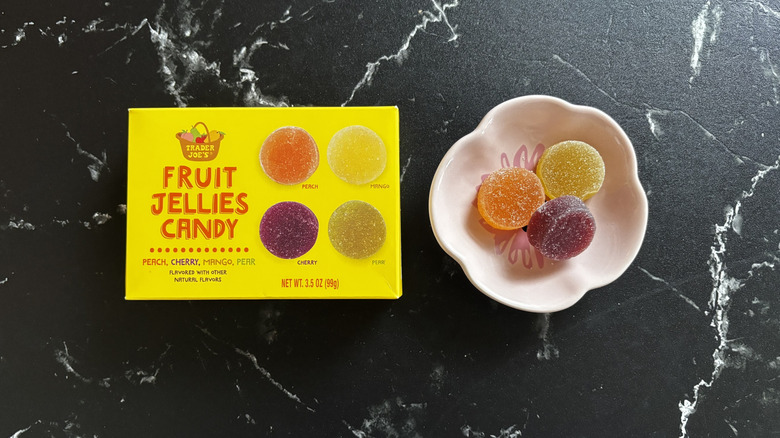 Trader Joe's fruit jellies candy box next to small bowl of candies