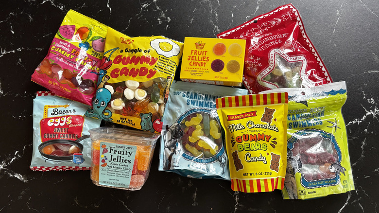 Various Trader Joe's gummy candy bags on countertop