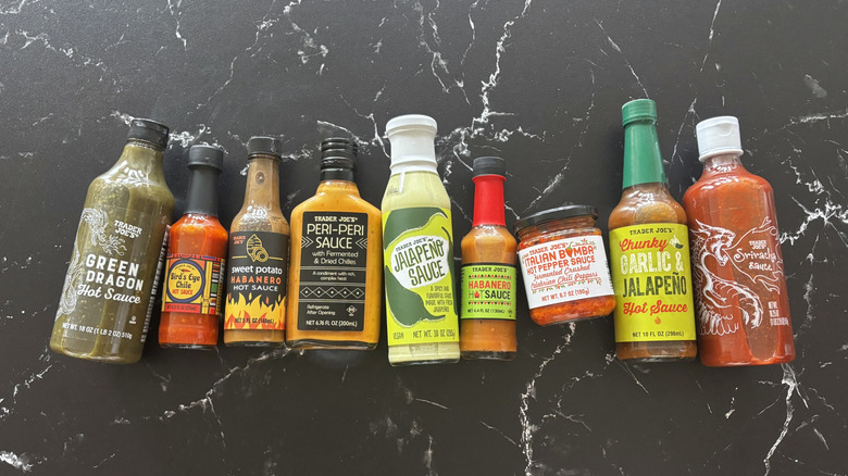 Various Trader Joe's hot sauces on countertop
