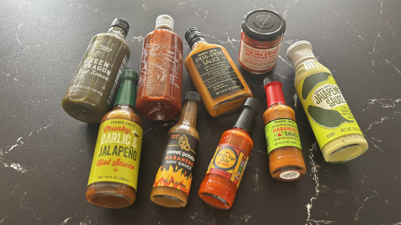 Various Trader Joe's hot sauces on countertop