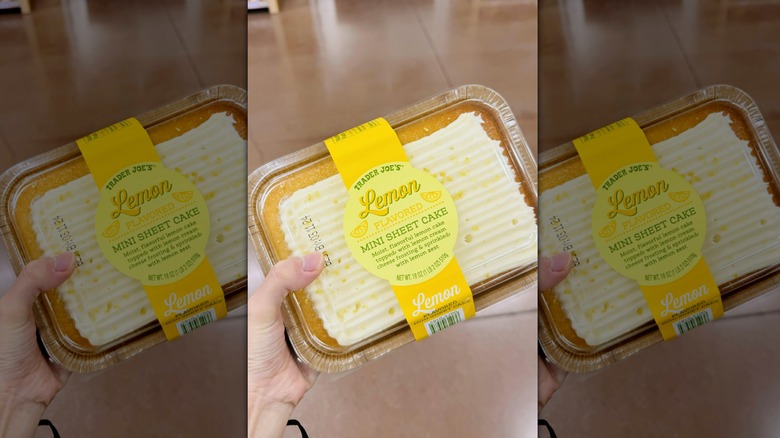Hand holding package of Trader Joe's Lemon Flavored Mini Sheet Cake