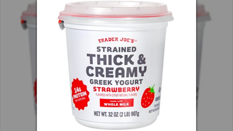 Tub of Trader Joe's Strawberry Strained Thick & Creamy Greek Yogurt