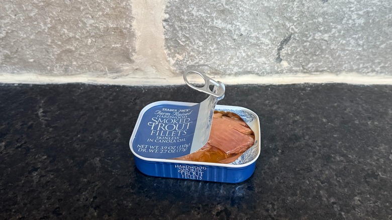 Tin of smoked trout fillets from Trader Joe's in an open tin