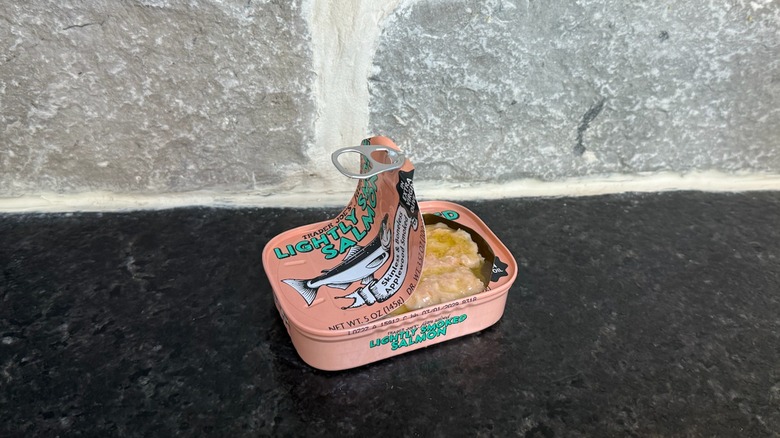Half opened tin of slightly smoked salmon from Trader Joe's