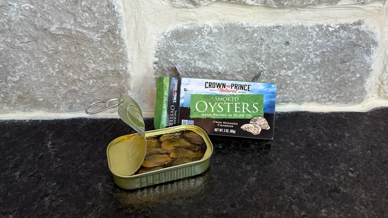 tin of smoked oysters from Trader Joe's open on counter