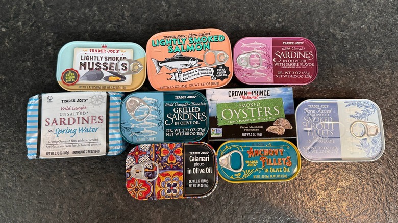 Top view of a collection of various tinned seafood from Trader Joe's