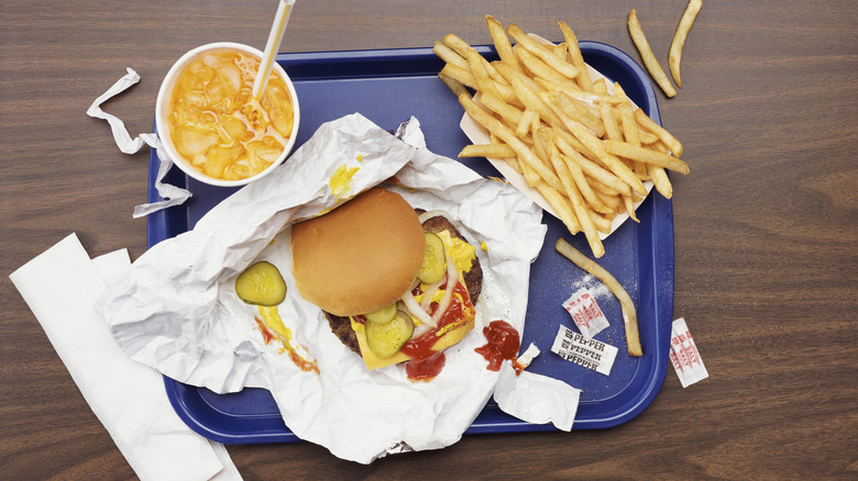 Fast food meal on blue tray