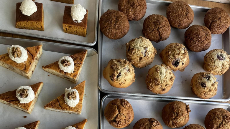Trays of coffee cakes and muffins