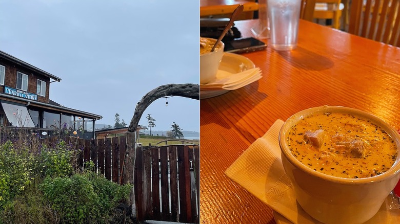 Shingled general store with wooden gate on the left and seafood soup on the right
