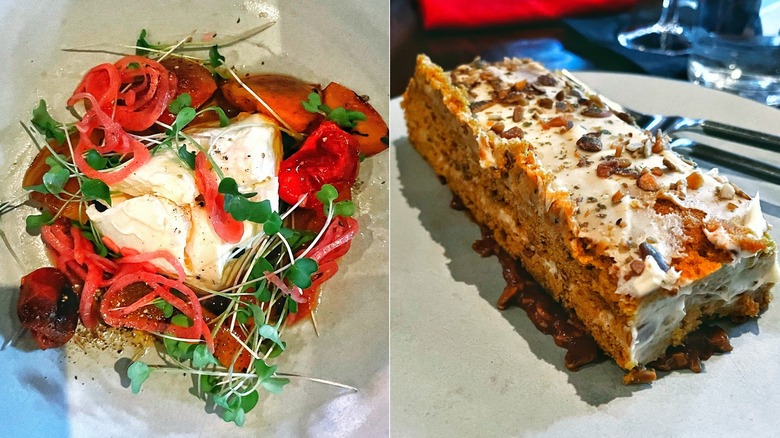 Burrata with pickled vegetables on the left and a carrot cake slice on the right