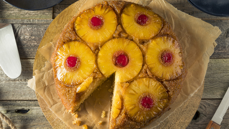 Pineapple upside down cake with one slice removed