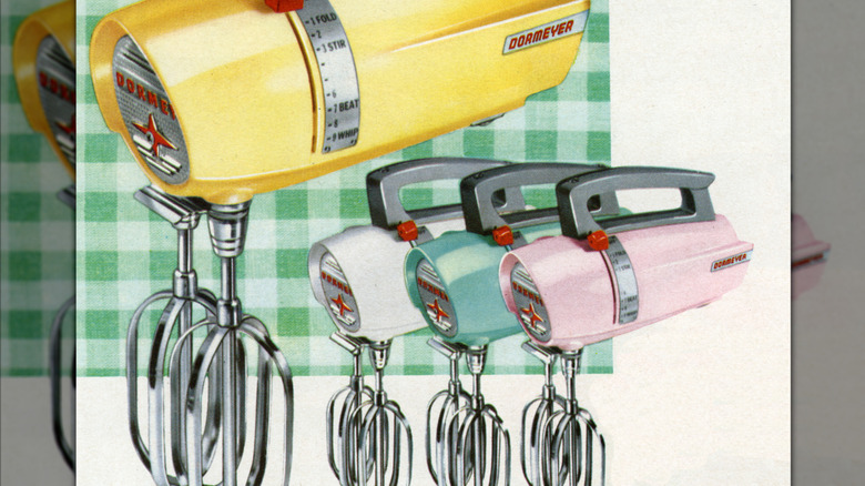 a vintage advertisement showing once-popular Dormeyer hand mixers in a variety of colors