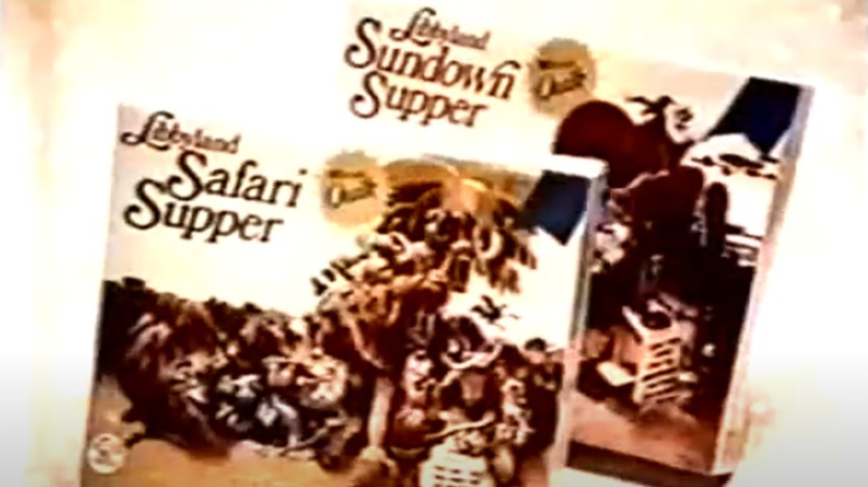 A still from a 70s add showing two Libbyland dinners in boxes