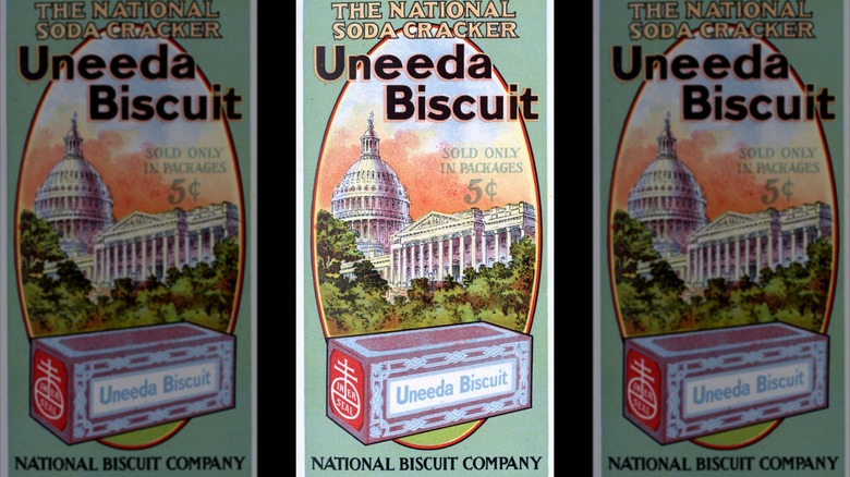 A vintage ad for Uneeda Biscuit featuring American historical buildings