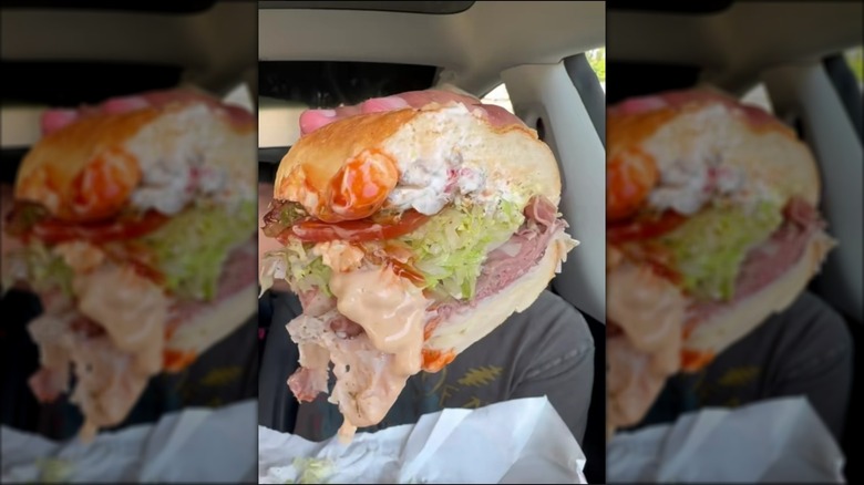 Close up of Jersey Mike's sub that's been dunked in chipotle mayo