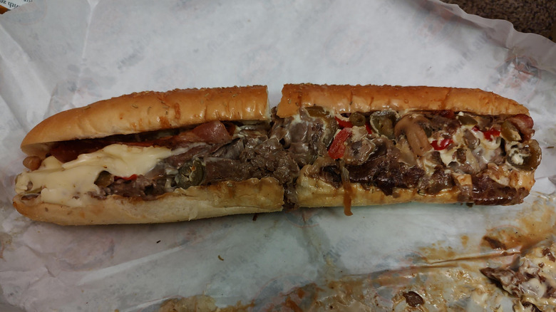 Jersey Mike's cheesesteak sub on white parchment paper