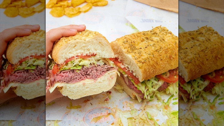 Halved Jersey Mike's meat and salad sub, made with Rosemary Parmesan bread