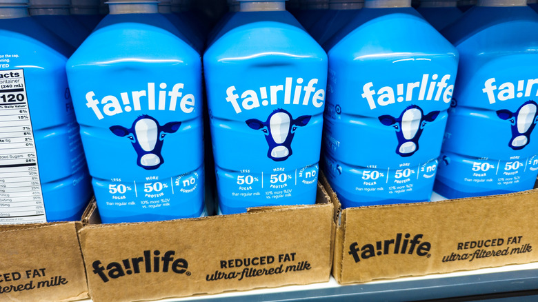 Bottles of ultra-filtered milk on store shelf