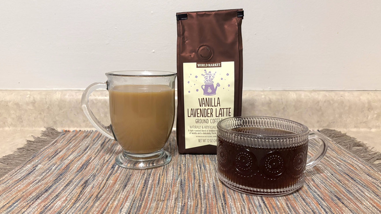 World Market Vanilla Lavender Latte coffee in bag and mugs and marbled placemat