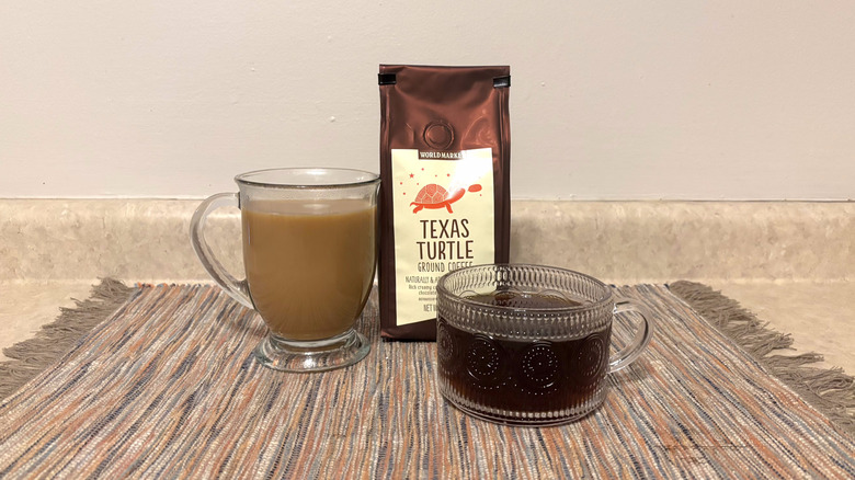 World Market Texas Turtle coffee in bag and mugs and marbled placemat