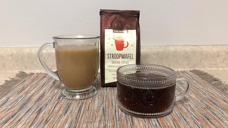 World Market Stroopwafel coffee in bag and mugs and marbled placemat