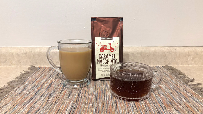 World Market Caramel Macchiato coffee in bag and mugs and marbled placemat