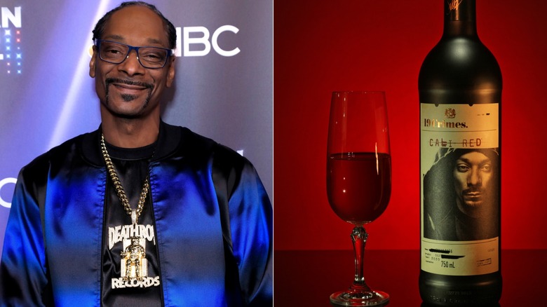Snoop Dogg smiling at an event, a Cali Red 19 Crimes bottle alongside a glass against a red background