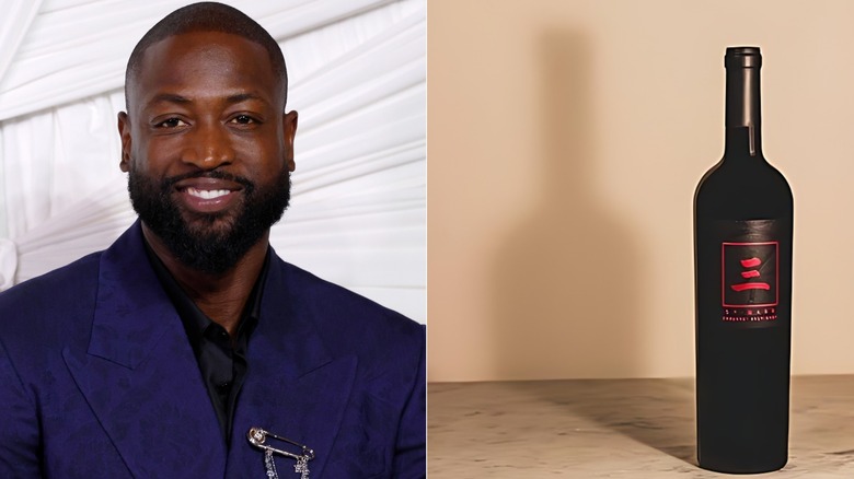 Dwayne Wade smiling at an event, a 2020 Three by Wade Cabernet Sauvignon bottle standing on a marble surface