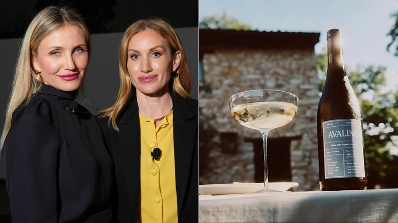 Cameron Diaz and Katherine Power posing together, a bottle of Avaline wine paired with a delicate glass outdoors